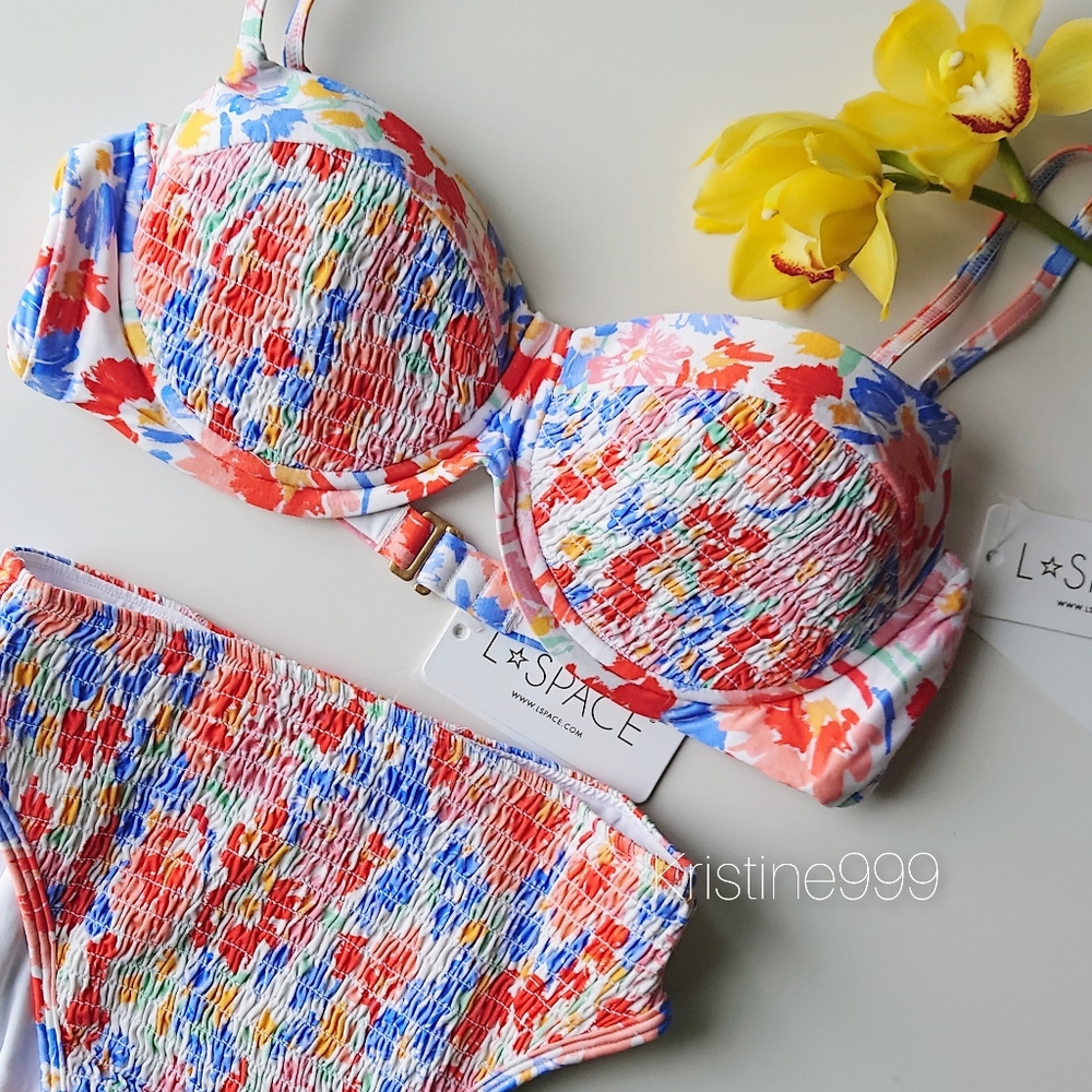 L*Space Marley Top Barlette Bottom Smocked Bikini SET in Flowers Forever